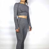 Yoga Set Gym Clothing Fitness Leggings+Cropped Shirts, Women Long Sleeve Tracksuit Active Wear