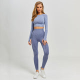 Yoga Set Gym Clothing Fitness Leggings+Cropped Shirts, Women Long Sleeve Tracksuit Active Wear