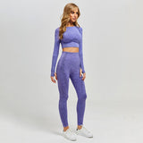 Yoga Set Gym Clothing Fitness Leggings+Cropped Shirts, Women Long Sleeve Tracksuit Active Wear